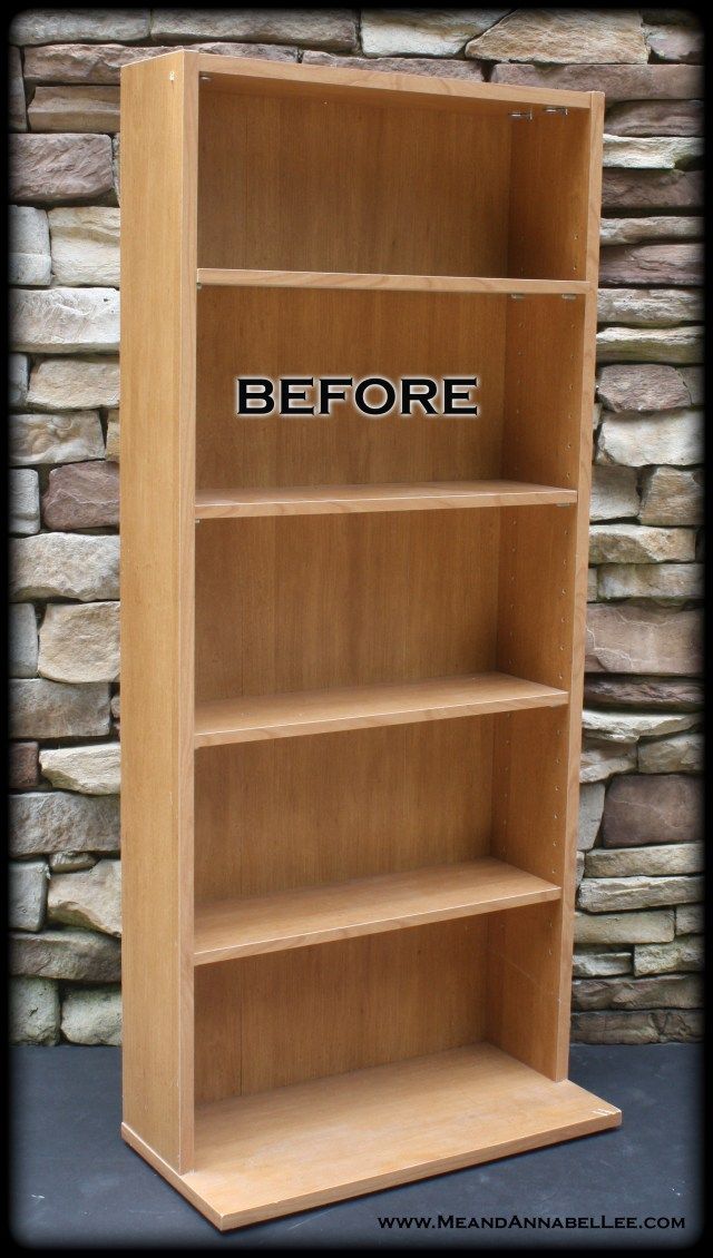 a bookcase with the words before and after painted on it's front side