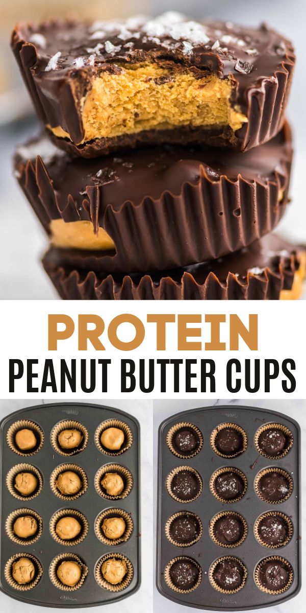 chocolate peanut butter cups are stacked on top of each other with the words, protein peanut butter cups