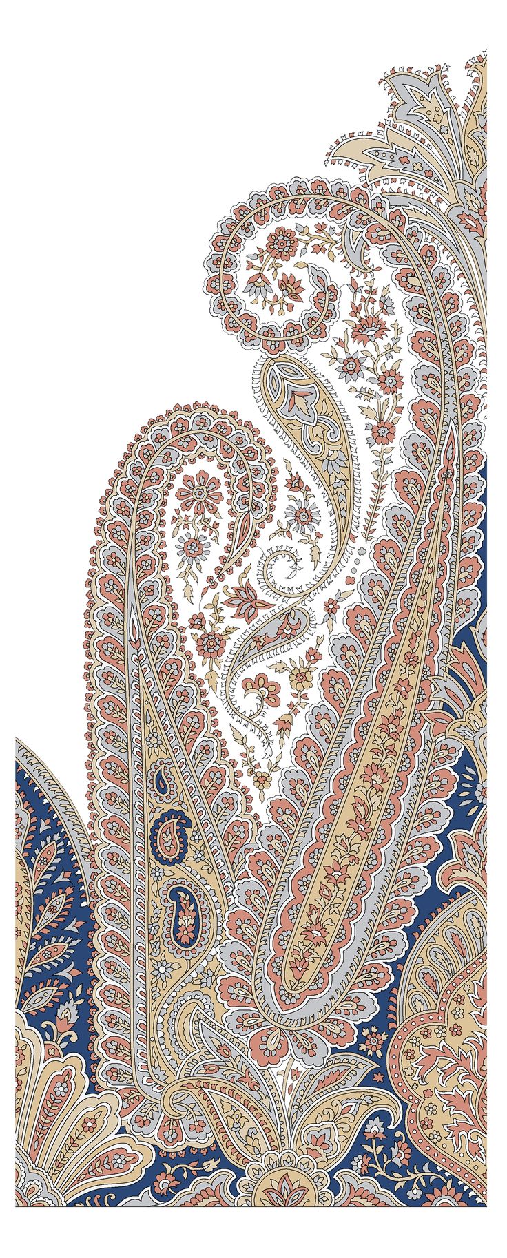 an intricately designed paisley print on white paper with blue and red accents, including the tail