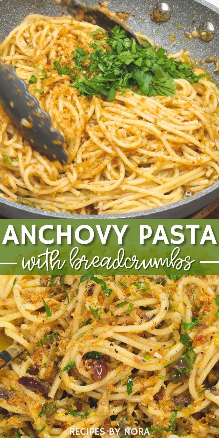 anchovy pasta with breadcrumbs in a skillet