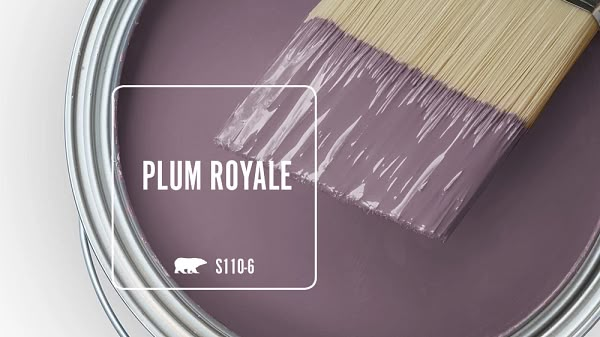 a paint can with a brush in it and the words plum royale painted on it