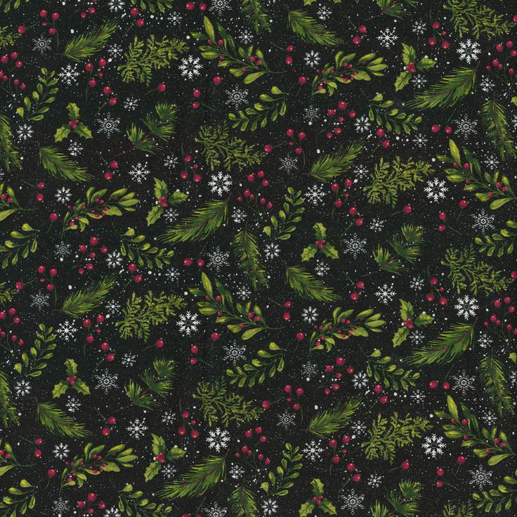 a black background with holly, berries and snowflakes