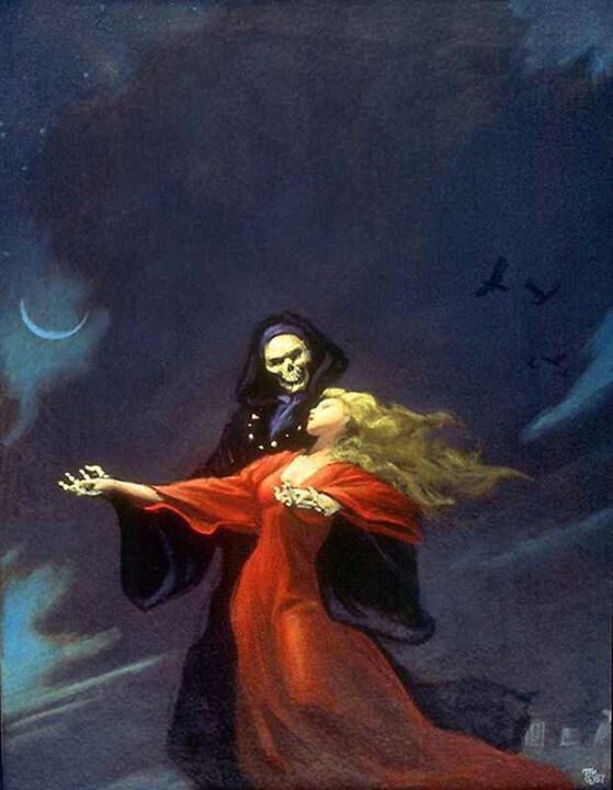 a painting of a woman in a red dress with a skeleton on her arm and a bird flying over her head