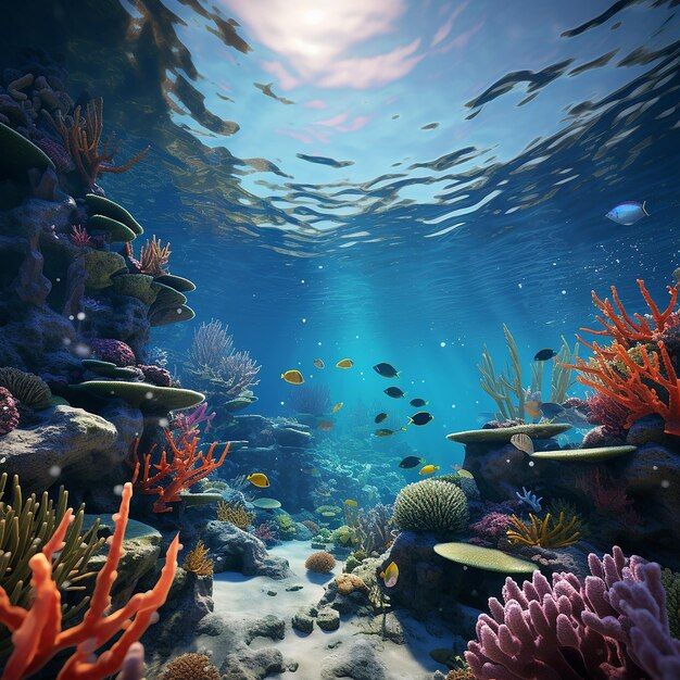 an underwater scene with corals and fish in the water, surrounded by blue sky