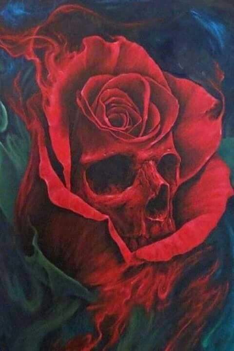 a painting of a red rose with a skull on it