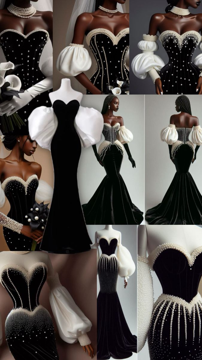 a black velvet tube mermaid dress covered in pearls a strapless evening gown with a fitted bodice and a full skirt.  The bodice has a sweetheart neckline with a boning structure around the bodice. With detachable white puffy sleeves, and a mermaid flowy silhouette. Strapless Evening Gowns, Puffy Sleeves, A Mermaid, Dress Cover, Mermaid Dress, My Dream, Small Wedding, Full Skirt, Fitted Bodice