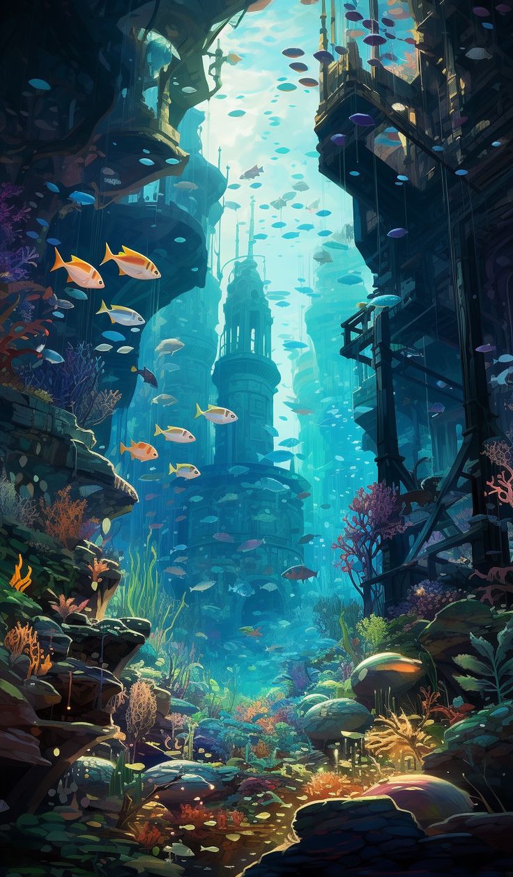 an underwater scene with many fish swimming in the water and buildings on the other side