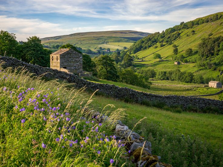 an old stone building in the middle of a field with wildflowers growing around it