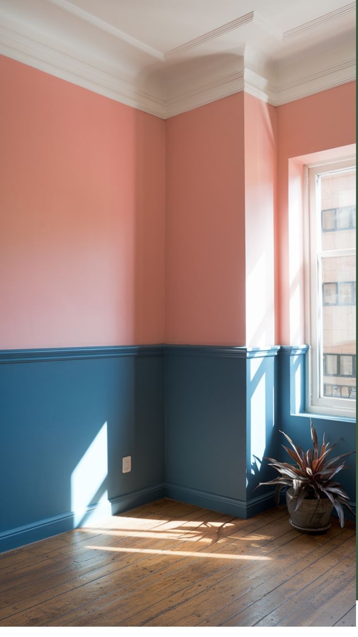 an empty room with blue and pink walls, wood floors and a potted plant