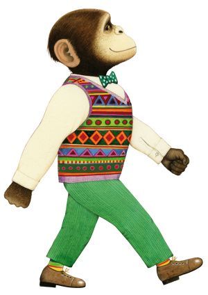 a drawing of a monkey wearing a sweater and green pants