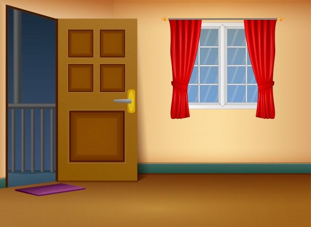 an empty room with red curtains and a blue door