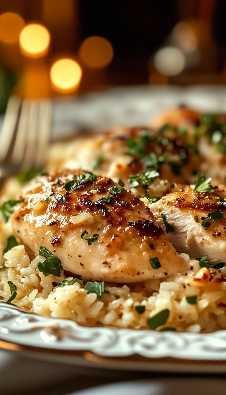 a close up of a plate of food with chicken and rice on it, next to a fork