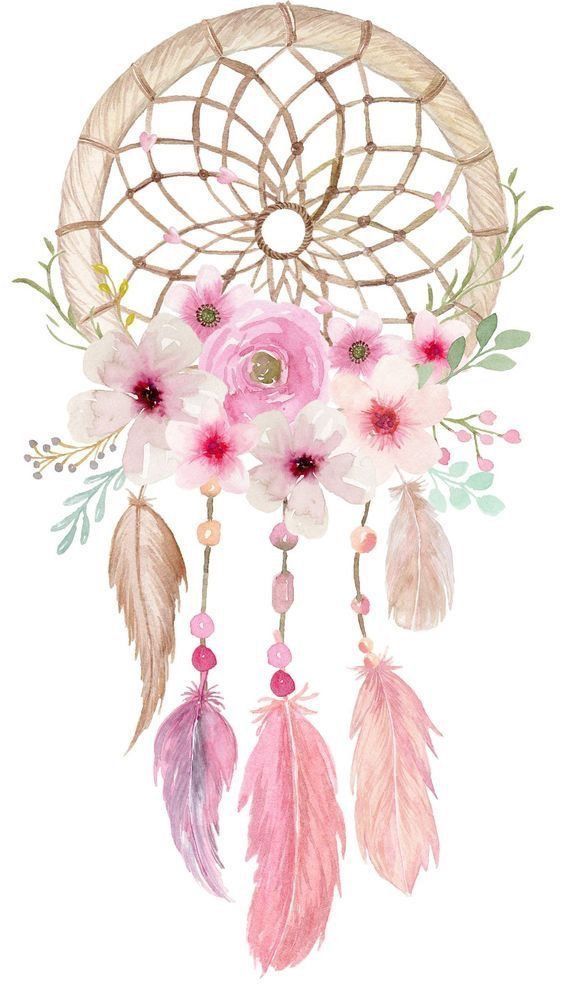 a watercolor drawing of a dream catcher with pink flowers and feathers on it's side