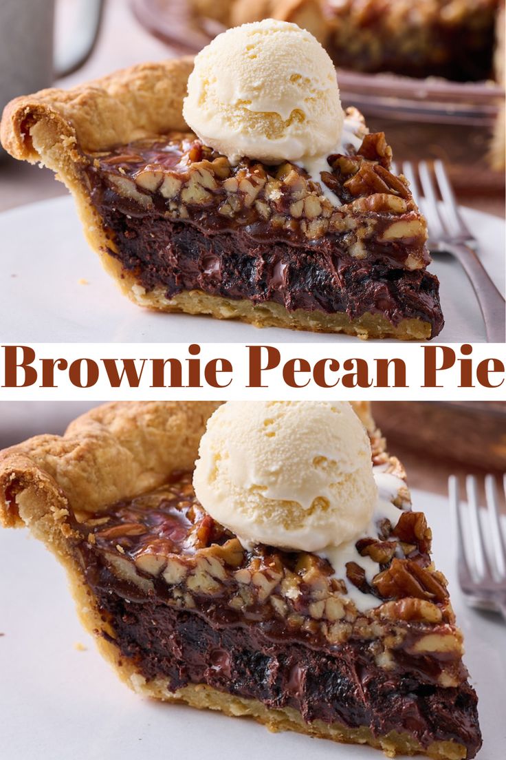 two slices of pecan pie with ice cream on top and the same slice missing