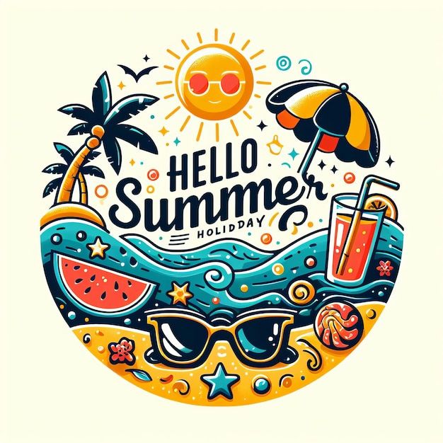 the hello summer holiday logo with sunglasses, umbrella and watermelon in front of it