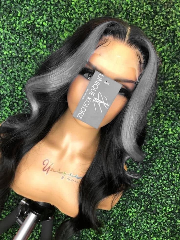 Grey Skunk Stripe Wig, Wig With Grey Highlights, Black And Silver Lace Front Wig, Black And Silver Hair Color Ideas, Black And Grey Wig, Gray Skunk Stripe Hair, Silver Skunk Stripe Hair, Grey Skunk Stripe Hair, Black And Silver Hair