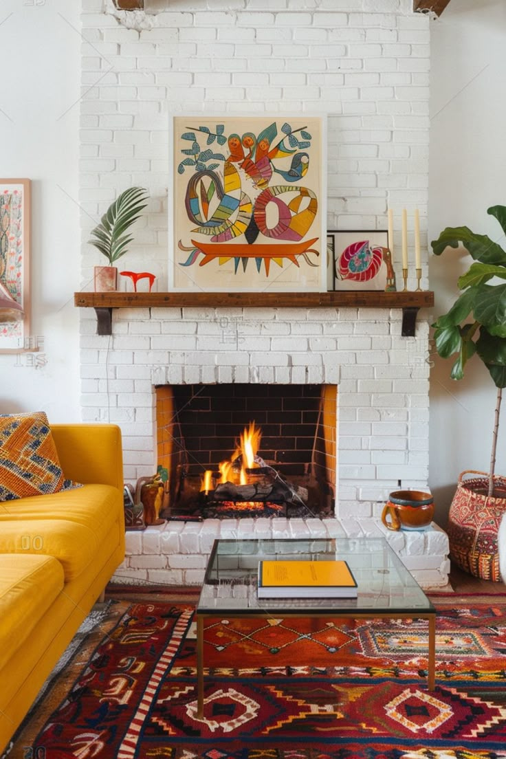 a living room with a fire place, couches and rugs on the floor