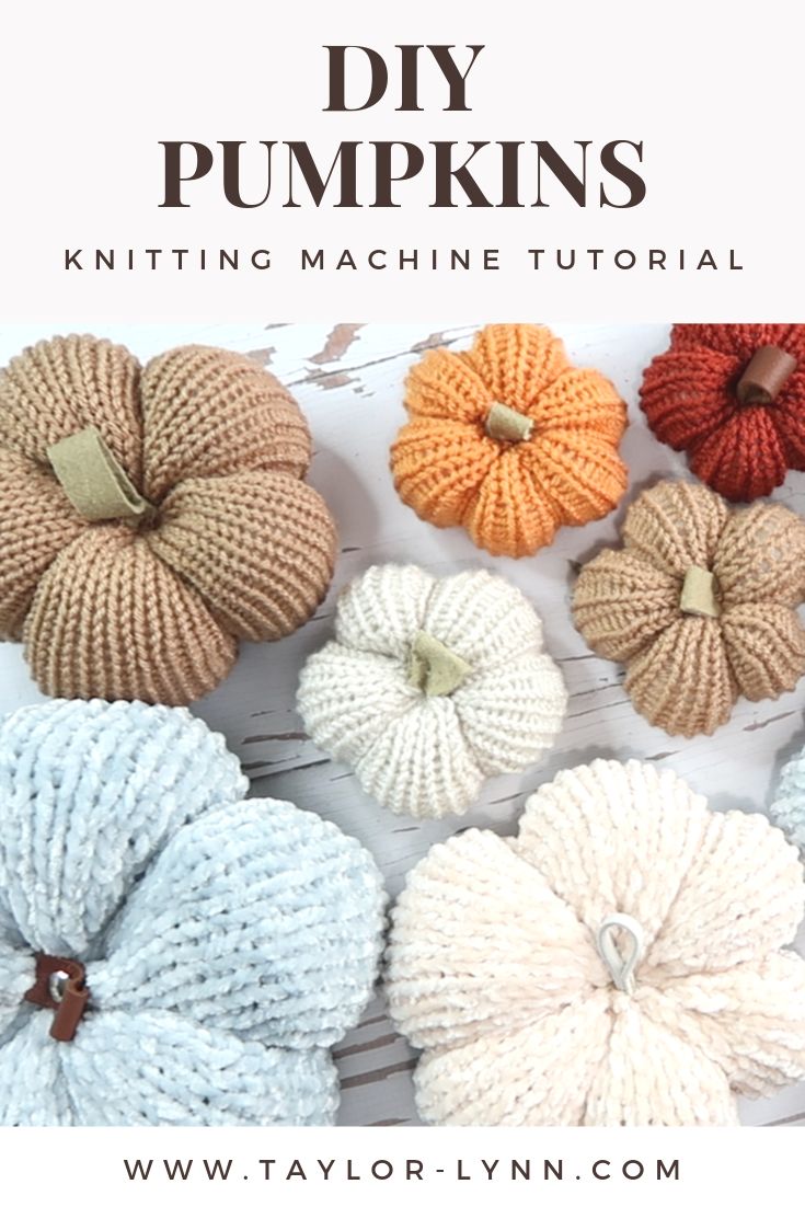 knitted pumpkins with text overlay that says diy pumpkins knitting machine pattern