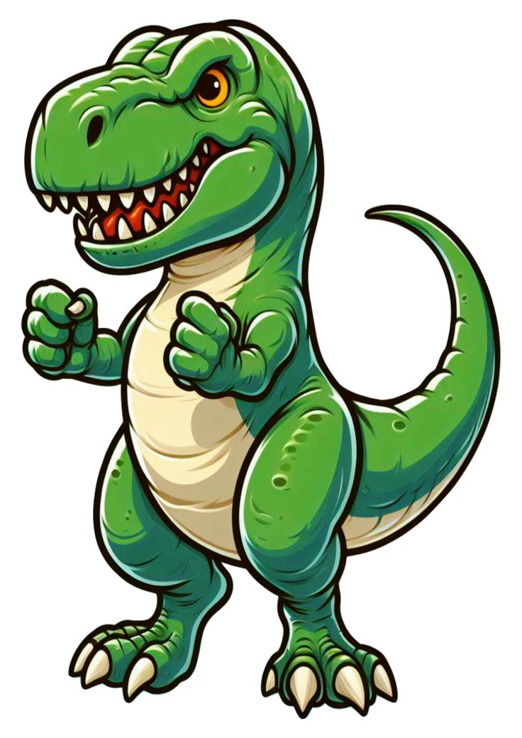 a cartoon dinosaur with an angry look on his face and arms, giving the thumbs up