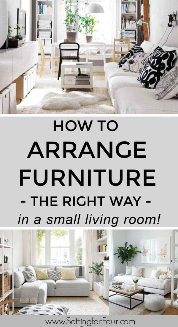 an open living room with white furniture and the words how to arrange furniture in a small living