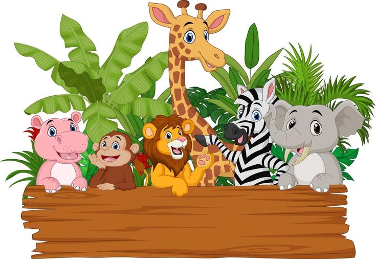 cartoon wild animals in the jungle with blank signboard on white background for your design