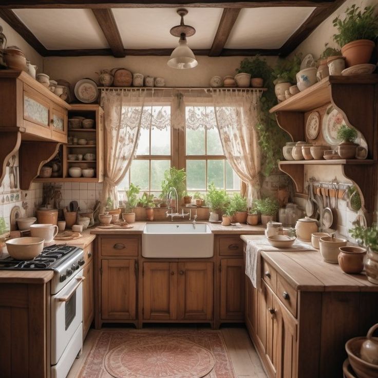 a kitchen with lots of pots and pans on the shelves above the stove top