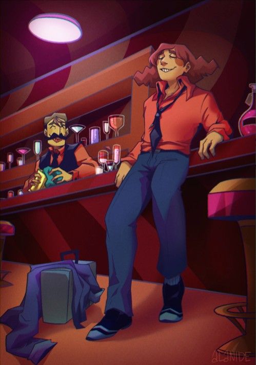 two people standing in front of a bar, one is wearing a red shirt and the other has a blue tie