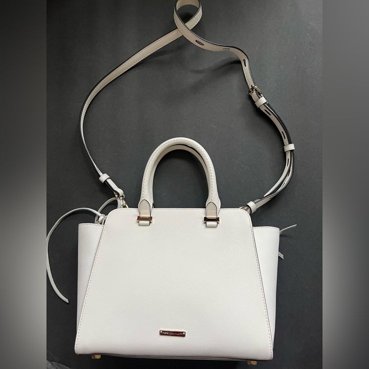 Rebecca Minkoff Leather Tote Designer White Leather Shoulder Bag, White Everyday Bag With Handle Drop, Classic White Leather Shoulder Bag, White Leather Satchel With Gold-tone Hardware, Classic White Shoulder Bag With Gold-tone Hardware, White Satchel With Double Handle And Handle Drop, Everyday White Satchel With Handle Drop, Luxury White Satchel With Double Handle, White Leather Satchel