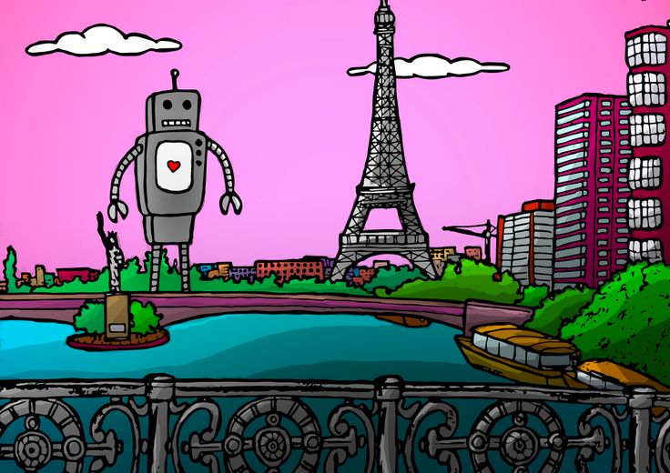 an image of a robot in front of the eiffel tower with pink sky