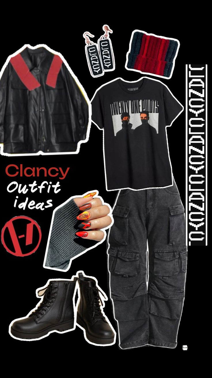 a collage of clothing and shoes with the words clamoy out - fit next to it