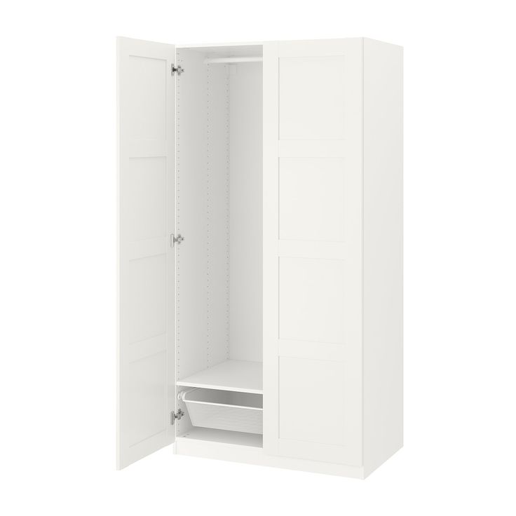 an open white closet on a white background