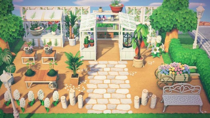 an artist's rendering of a garden with potted plants on the patio and benches