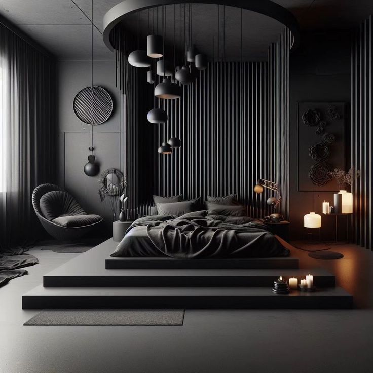 a bedroom with black and white decor in the corner, candles on the floor and lights hanging from the ceiling