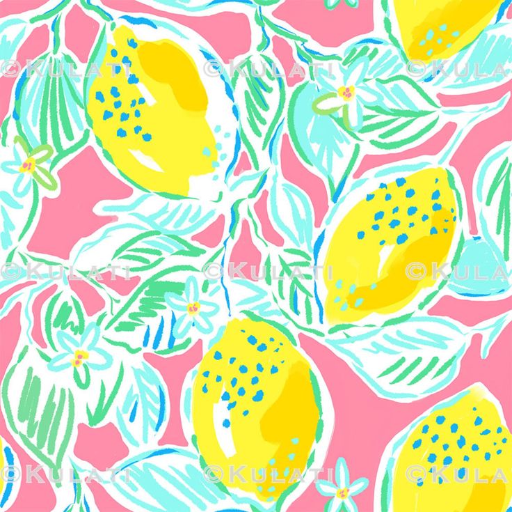 a pink background with lemons and leaves on it's sides, all in different colors