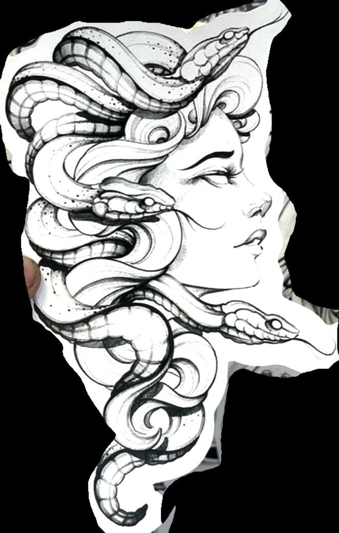 a drawing of a woman's face with snakes on her head and hair in the shape of a snake