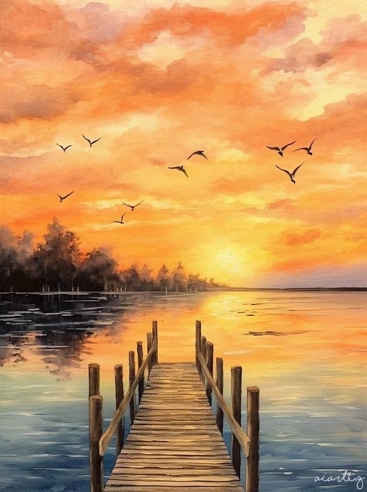 a painting of a dock with birds flying over the water and sunset in the background