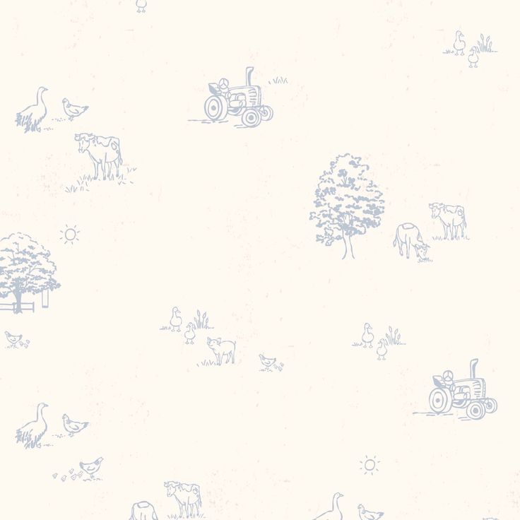 a blue and white wallpaper with farm animals on the ground, trees, and tractor