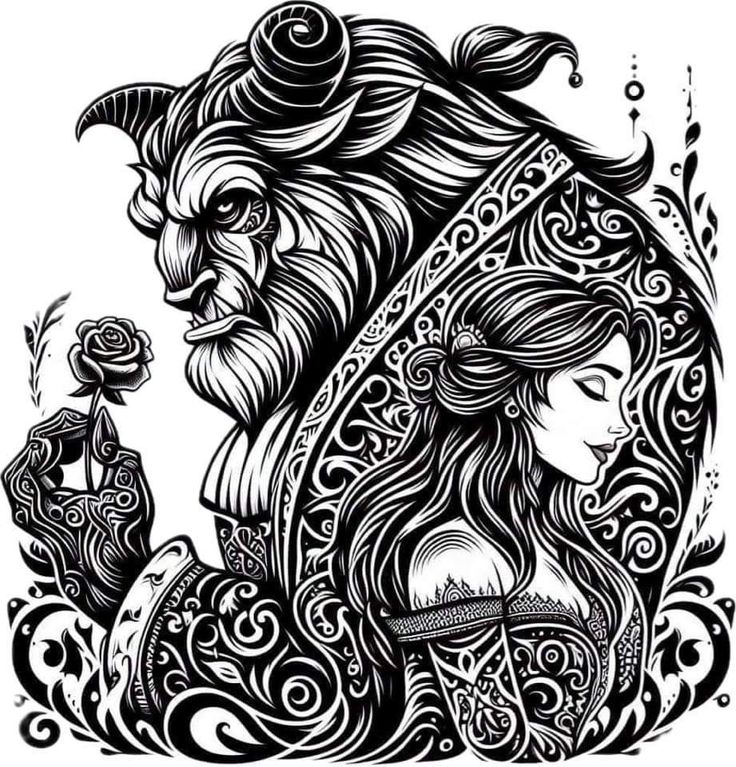 an illustration of a woman with long hair and a lion's head in the background