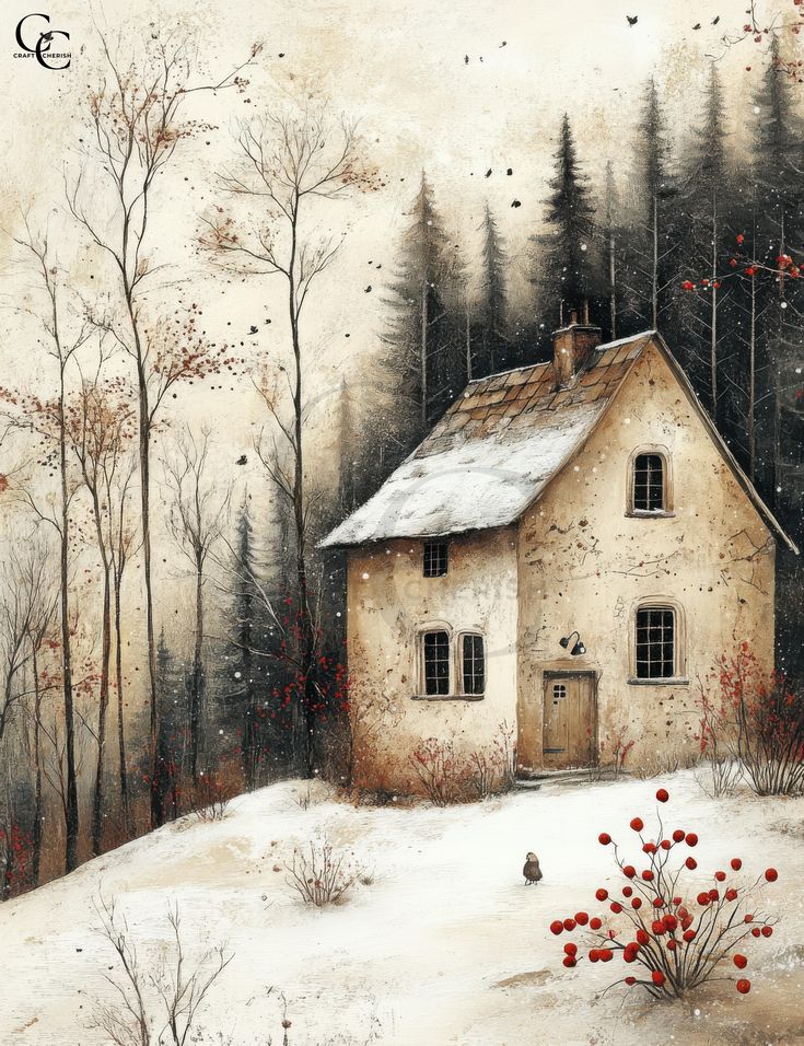 36 Whimsical Rustic Winter Landscape Illustrations, Soft Neutral Country Farmhouse Art, Papercraft, Christmas Scene Drawing, Landscapes Watercolor, Watercolor Houses, Whimsical Houses, Snowmen Pictures, Scene Drawing, Felting Ideas, Barn Painting, Storybook Cottage