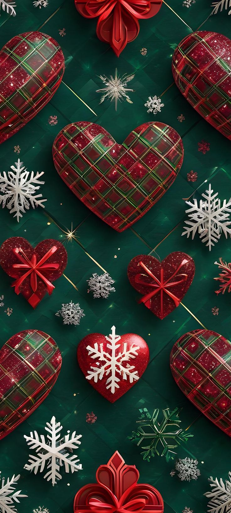 many red and white heart shaped ornaments on a green background