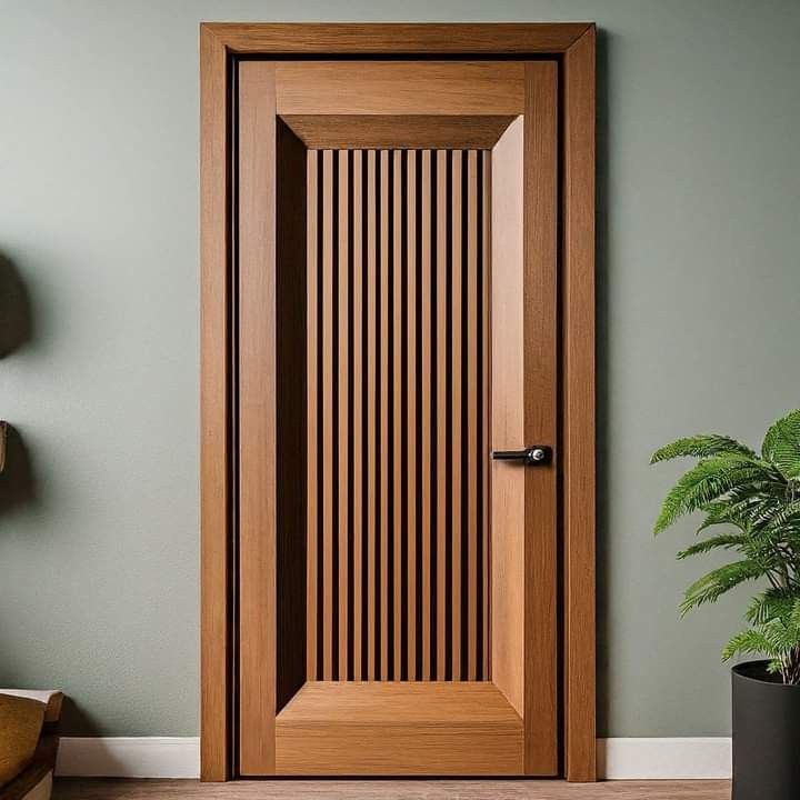 an open wooden door in front of a potted plant