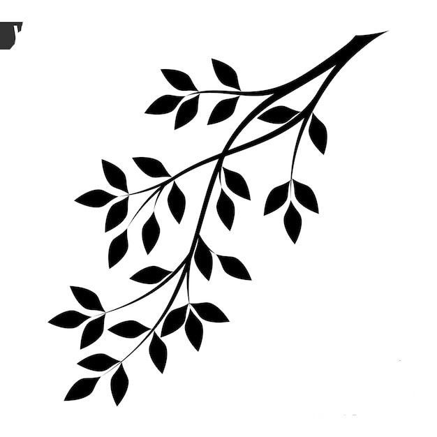 branch with leaves on white background for logo or label design, black and white illustration