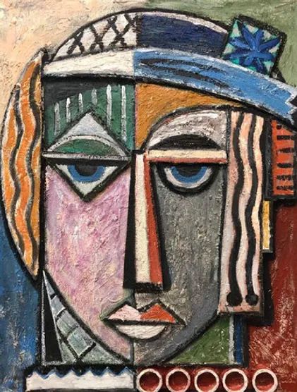 an abstract painting of a woman's face with different colors and shapes on it