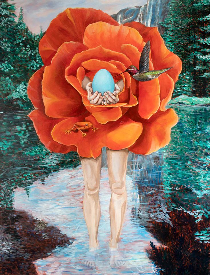 a painting of a person walking in the water with an orange flower on their back