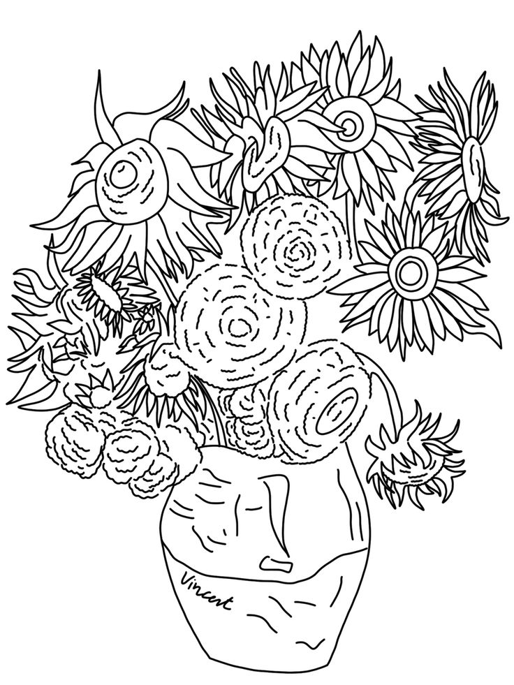 a black and white drawing of flowers in a vase