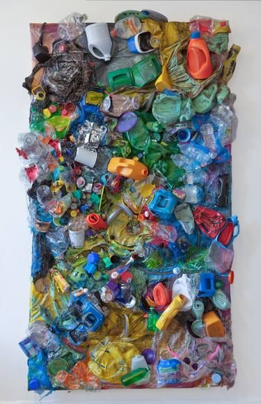 an art piece made out of plastic bottles and other items