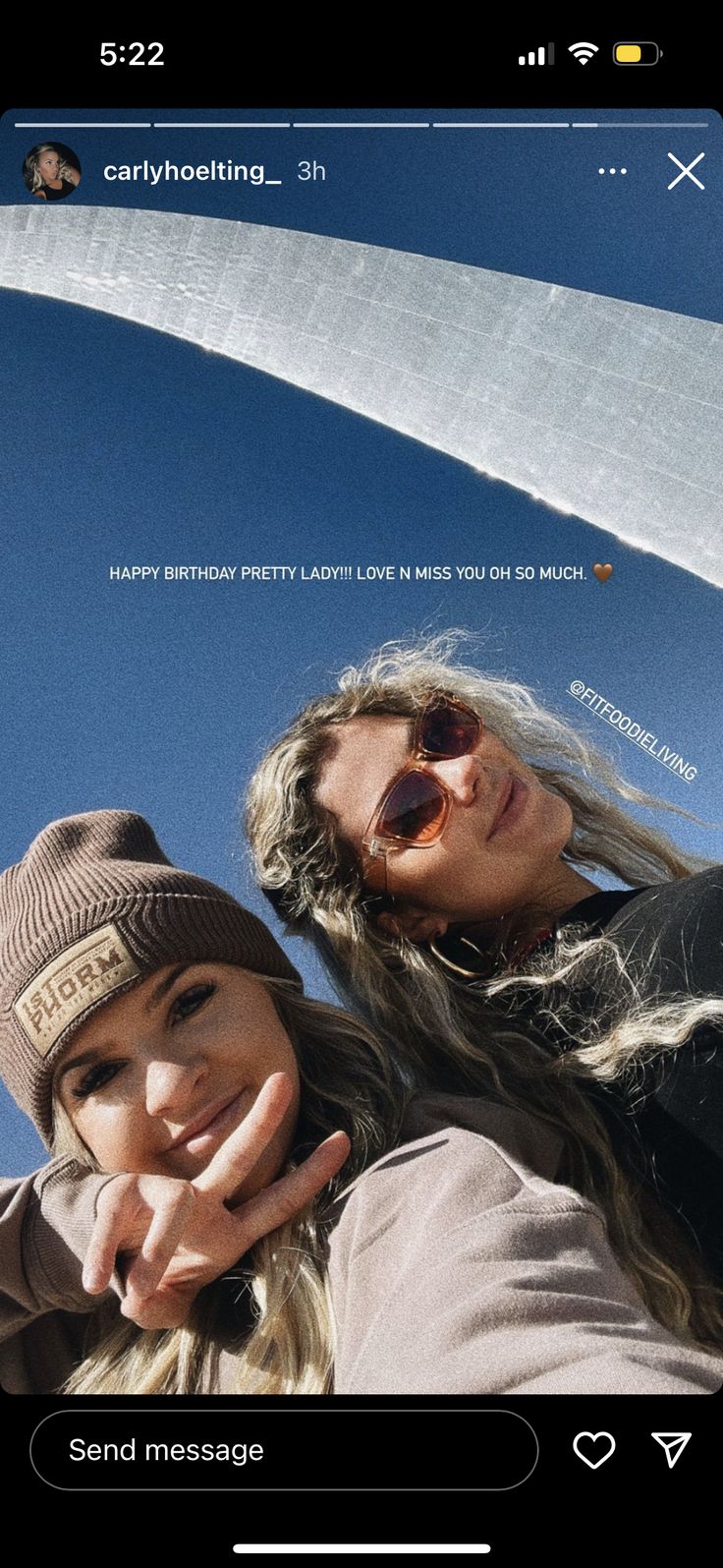 two women standing next to each other in front of a sky background with the caption happy birthday