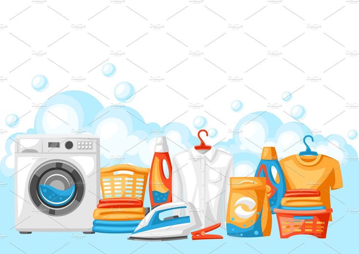 various household appliances and cleaning products on a blue background with water droplets around the washer