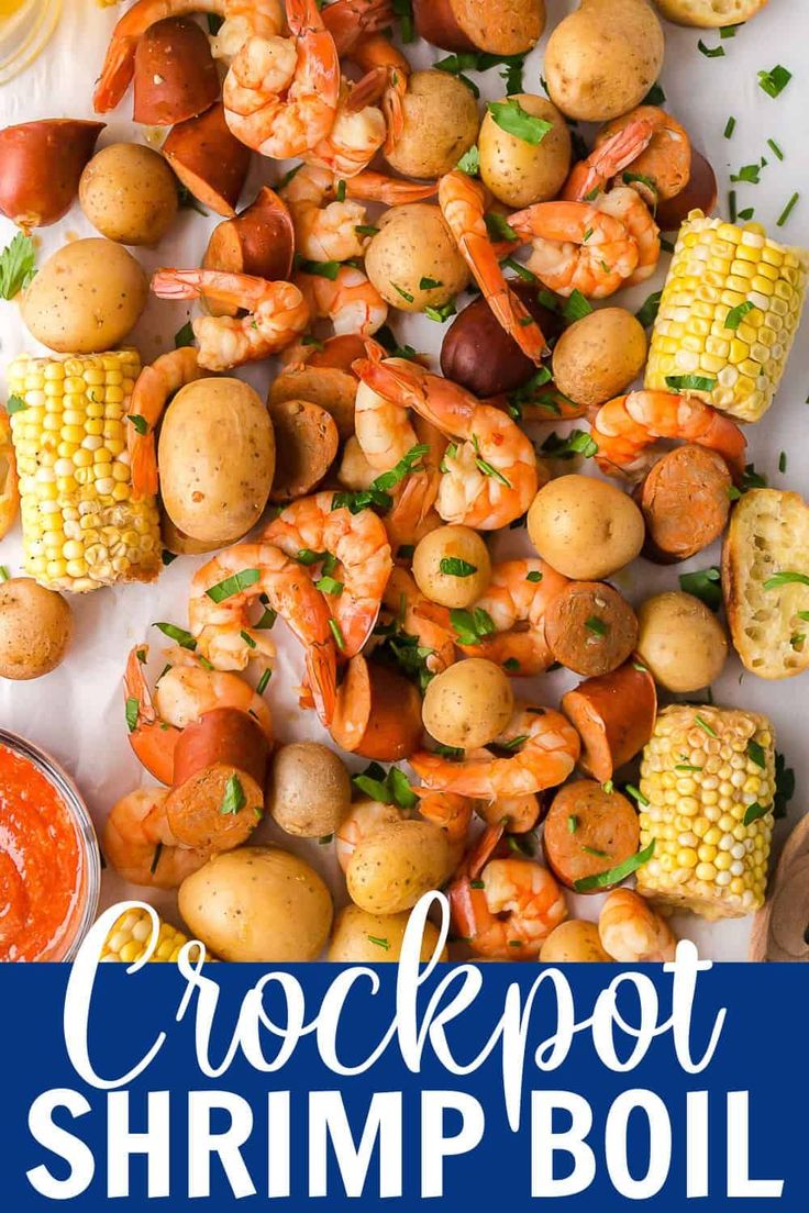 crockpot shrimp boil with potatoes and corn on the cob