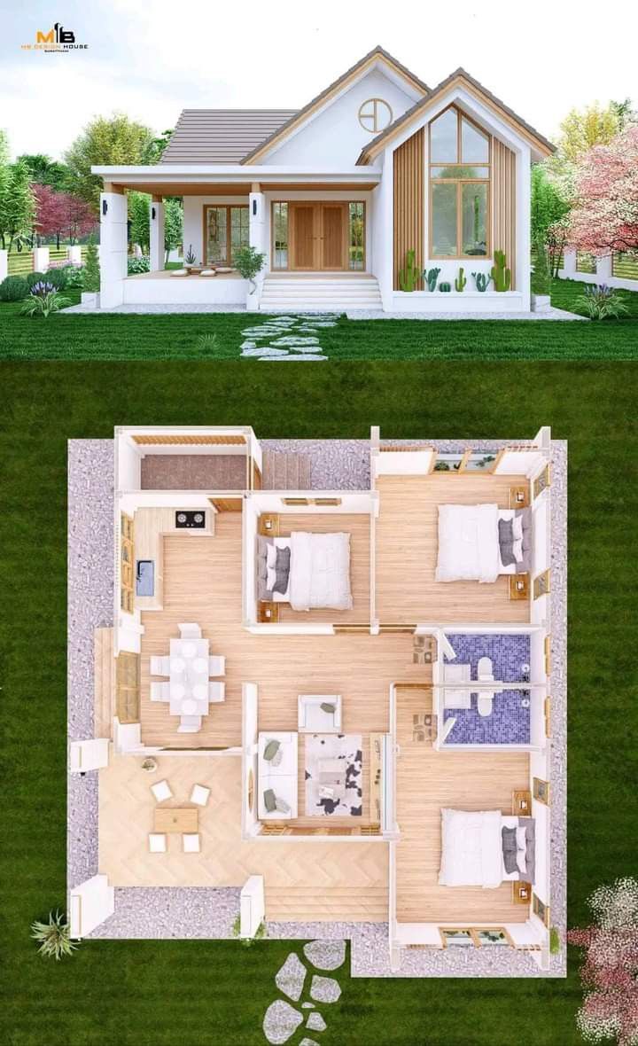 an aerial view of a small house with two floors and one bedroom on the second floor